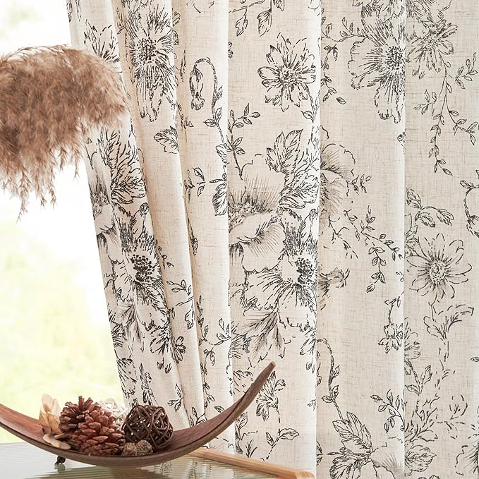 jinchan Lined Linen Blend Curtain Floral Curtains for Living Room 84 Inches Long Black Peony Flower Printed Curtain Back Tab Farmhouse Patterned Drapes Bedroom Window Curtains Set 2 Panels