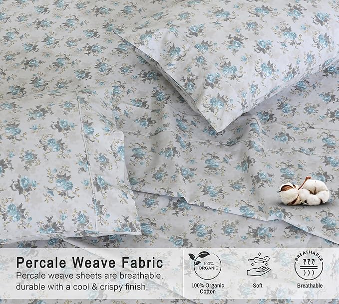 RUVANTI 100% Organic Cotton Sheets Twin Size, Percale Weave, GOTS Certified, 3-Piece Set, Deep Pocket 15", Crisp & Breathable, Soft Durable Bedding, Sábanas Algodón Orgánico – Blue Rose