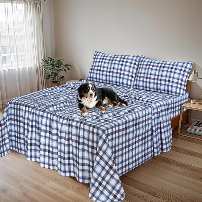 RUVANTI Flannel Sheets King Size - 100% Cotton Brushed King Size Sheets Set - Deep Pockets 16 Inches Bed Sheets - All Seasons Breathable & Extra Soft - Warm & Cozy, 4 Piece, Gingham Addition