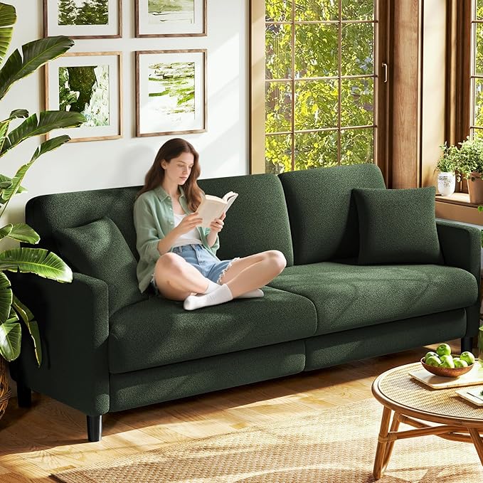 83" Couches for Living Room, Comfy Sofas for Living Room, Teddy Sofa Couch, Tool-Free Setup Loveseat Sofa, All-Wood Love Seat Couches, Small Couch 2 Pillows Included, Green