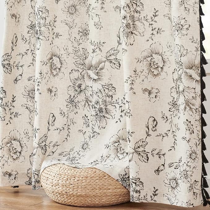 JINCHAN Linen Curtains Floral Curtains Living Room 96 Inch Long Printed Curtains Tassels Rod Pocket Back Tab Farmhouse Rustic Peony Flower Patterned Drapes Bedroom Window Curtain Set 2 Panels Black