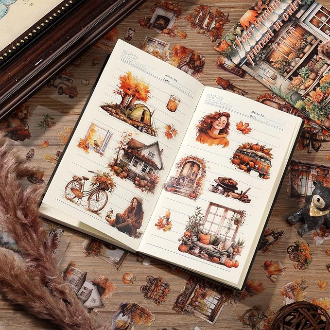 Auguro PET 20 Sheets 120 Pre-Cut Fall Stickers for Scrapbooking Landscape People Scrapbook Sticker Transparent Stickers for journaling
