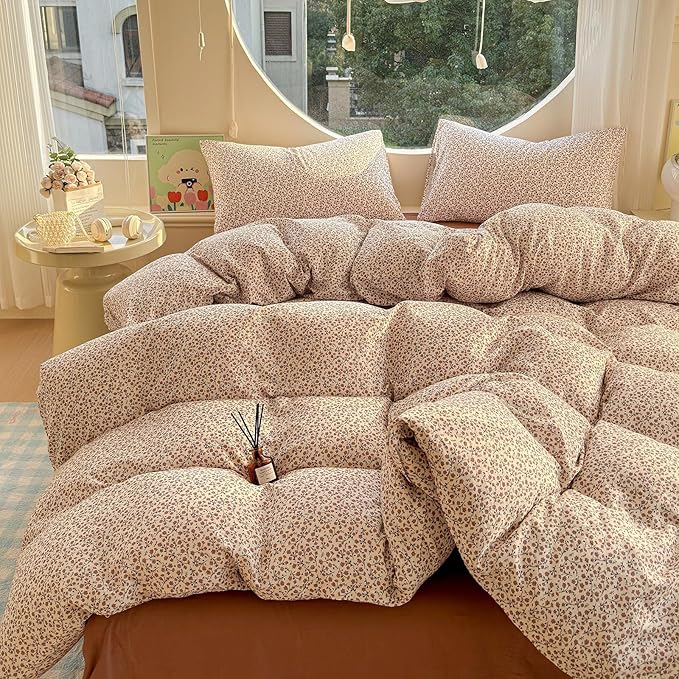 LifeTB Muslin Cotton Duvet Cover Set King Size Vintage Floral Duvet Cover Ultra Soft Breathable Comforter Cover Chic Flower Bedding Set Linen Feel Textured Gauze Comforter Cover with Zipper Closure