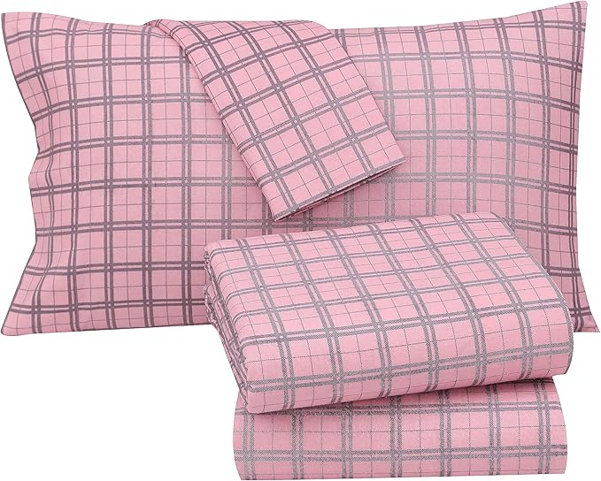 RUVANTI Flannel Sheets King Size - 100% Cotton Brushed King Size Sheets Set - Deep Pockets 16 Inches Bed Sheets - All Seasons Breathable & Extra Soft - Warm & Cozy, 4 Piece, Check & Bolt Pink
