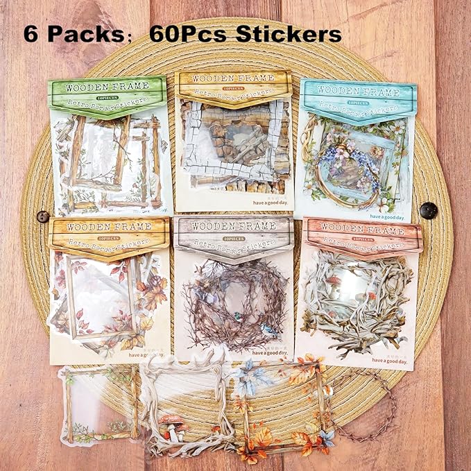 AuriicLeaf Vintage Wooden Frame PET Sticker Set, 60PCS Retro Aesthetic Scrapbook Stickers for Journaling, DIY Crafts, and Decorative Art Supplies