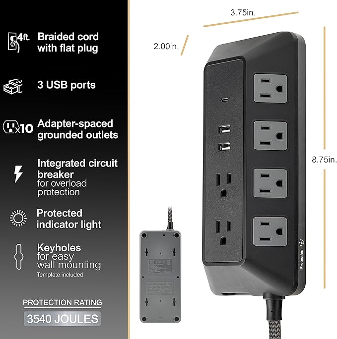 GE UltraPro 10 Grounded Outlet Surge Protector with USB Ports, 1 USB-C Port (15W), 2 USB-A Ports (12W), 4ft Braided Cord Surge Protector Power Strip, 3540 Joules, Black, 74763