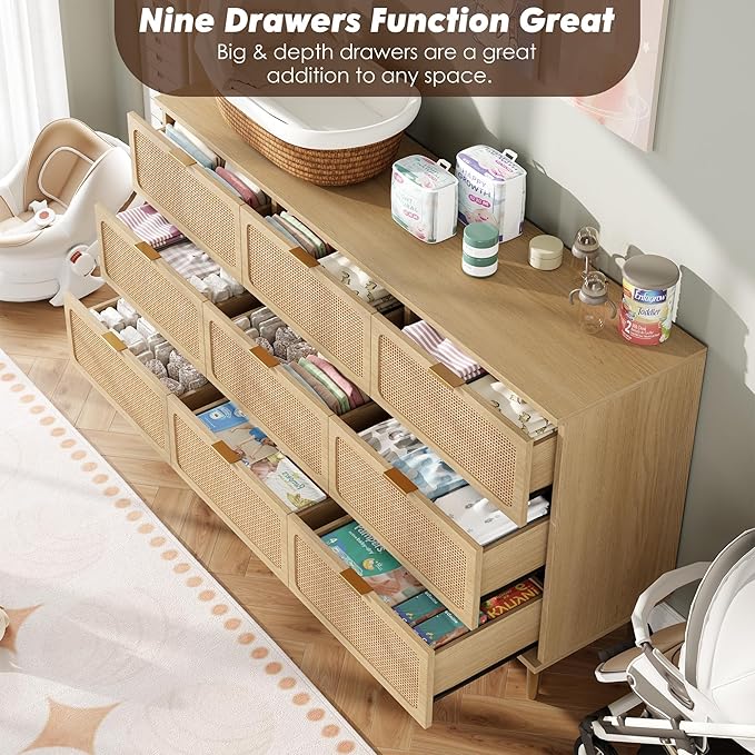 Garvee Rattan Dresser with 9 Drawers, Tall Modern Closet with Deep Storage, Large Chest of Drawers with Wide Top, Long Wooden Dresser for Bedroom, Living Room, Hallway, Kids Room, Natural