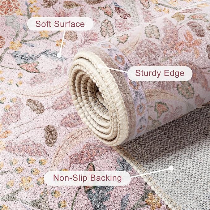 AMTOVO 6x9 Washable Area Rugs for Living Room, Non-Slip Colorful Floral rug, Soft Boho Vintage Accent Printed Pattern Carpet for Bedroom Girls Room Dorm Dining Room Farmhouse Nursery Home Office, Pink