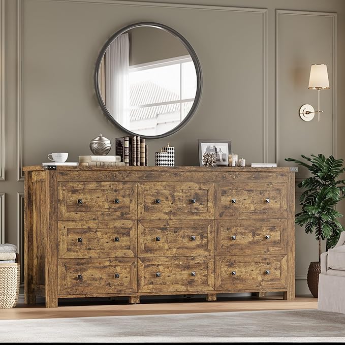 BORNOON 9-Drawer Dresser, Modern Wooden Storage Chest of Drawers, Dresser TV Stand, Wood Drawer Organizer with Metal Handles for Bedroom, Living Room, Hallway