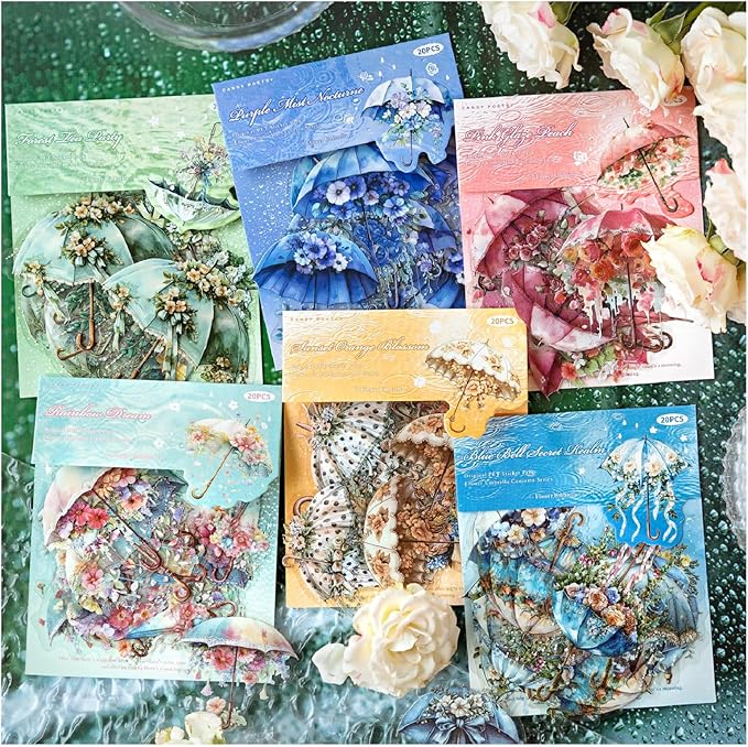 Dwpetzo 120Pcs Aesthetic Scrapbook Stickers for Scrapbooking, 6 Assorted Set Watercolor Umbrella Floral Decorative PET Stickers for Journaling, Junk Journal Supplies, Bujo, Collage, Craft Arts