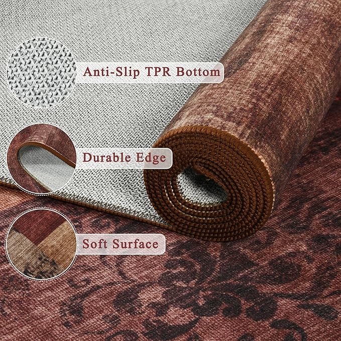 Tepook Modern Runner Rug for Living Room, 2x6 Washable Rugs for Bedroom Hallway, Geometric Patchwork Runner Rug Non-Slip Indoor Throw Carpet for Entryway Kitchen Office Home Decor, Red