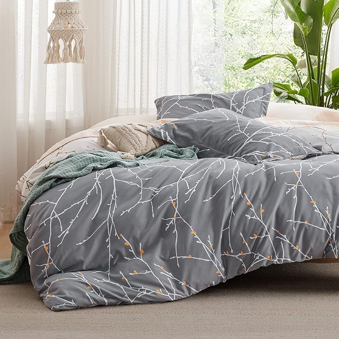 Bedsure Duvet Cover King Size - Reversible Tree Branch Duvet Cover Set with Zipper Closure, 3 Pieces Grey Bedding Set with 8 Corner Ties and 2 Pillow Shams 20"x36"