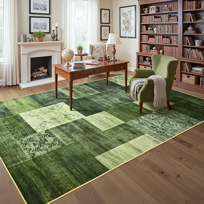 Tepook 4x6 Green Area Rugs for Living Room, Modern Large Geometric Rug for Bedroom, Washable Patchwork Rug Indoor Non Slip Throw Carpets for Dining Room Office Farmhouse Home Decor