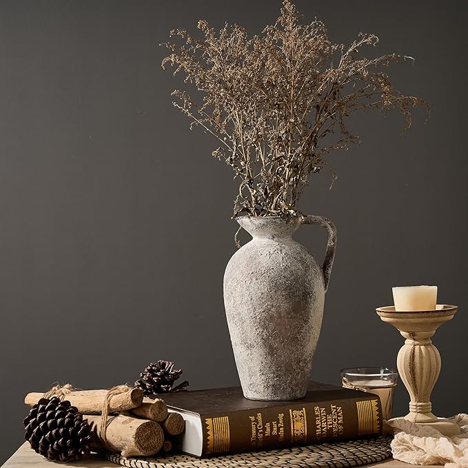9.3 Inch Antique Ceramic Vase, Terracotta Vase with Handle, Tuscan Decor Farmhouse Decorative Vase, Rustic Vase for Home Decor, Living Room, Entryway, Wedding - Distressed Design, Gray