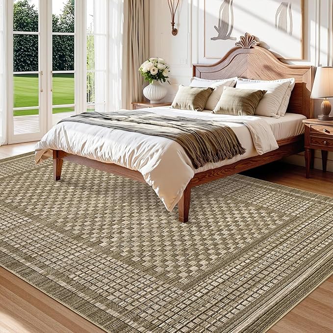 Modern Rug 8x10 Area Rugs for Living Room Washable Bedroom Rug Geometric Checkered Large Area Rug Soft Non Slip Throw Rugs Low Pile Stain Resistant Carpet for Office Dining Room 8'x10' Brown