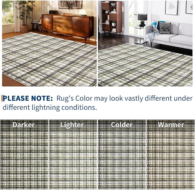 10x13 Area Rug for Living Room Washable Rugs Farmhouse Bedroom Rug Large Rug Non Slip Modern Plaid Throw Rugs for Dining Room Stain Resistant Carpet for Office Classroom, Green&Taupe