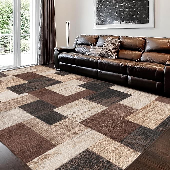 Modern Geometric Patchwork Indoor Area Rug for Living Room, Chocolate 10'x 14' Large Rug Rockwood Collection Hardwood Floors Decor for Bedroom, Brown Throw Carpet for Office Dining Room