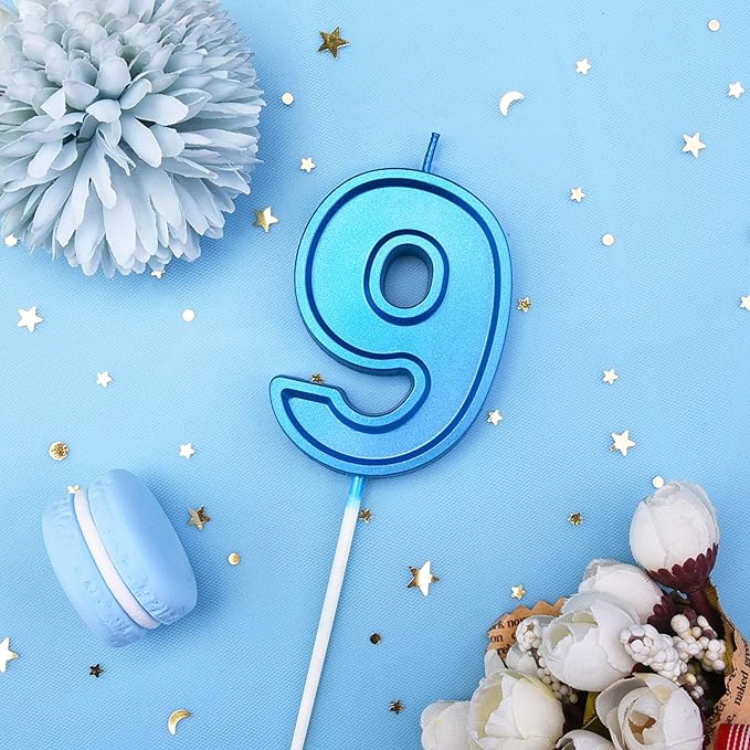 PHD Luxe Blue 2.76 Inch 9 Number Birthday Candles, Blue Cake Candles for Party Celebration