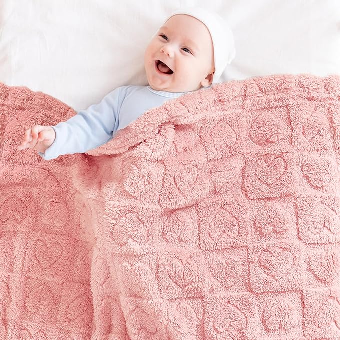 Yurhap Fleece Baby Blanket Heart Checkered Blanket, Ultra Soft Cozy Baby Blankets for Girls Boys, Fluffy Infant Toddler Newborn Receiving Blankets for Crib Stroller 30”×40” (Dark Pink)