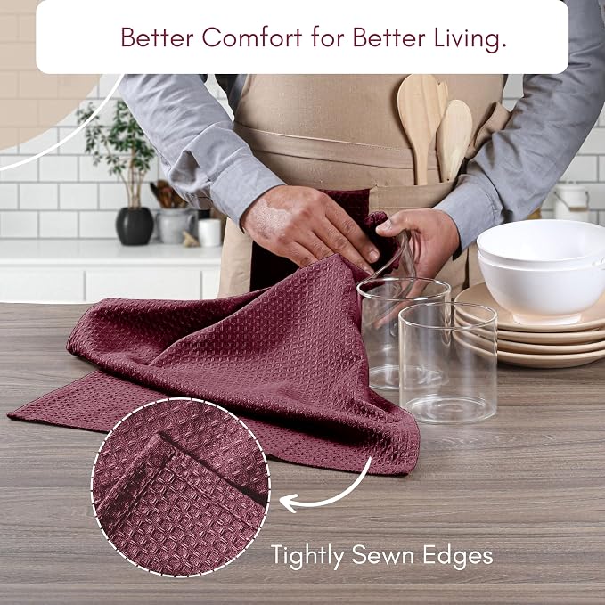 TWINY threads Kitchen Towels Set of 6, 100% Cotton Waffle Weave Easter Dish Towels, Soft Tea Towels with Hanging Loop, Washable Bar Towels for Table Cleaning, Dinning, Parties- 16"X 26"-Burgundy Wine