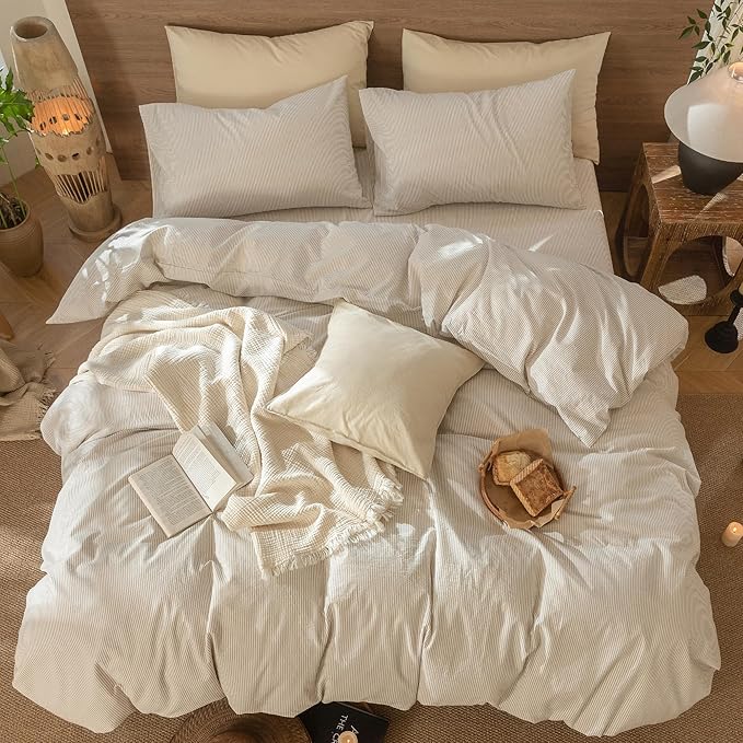 MooMee Striped Duvet Cover Set 100% Washed Cotton Linen Like Textured Breathable Durable Soft Comfy (Tannish Linen Grey White Pinstripes, Palatial King/Oversized King 120"x98")