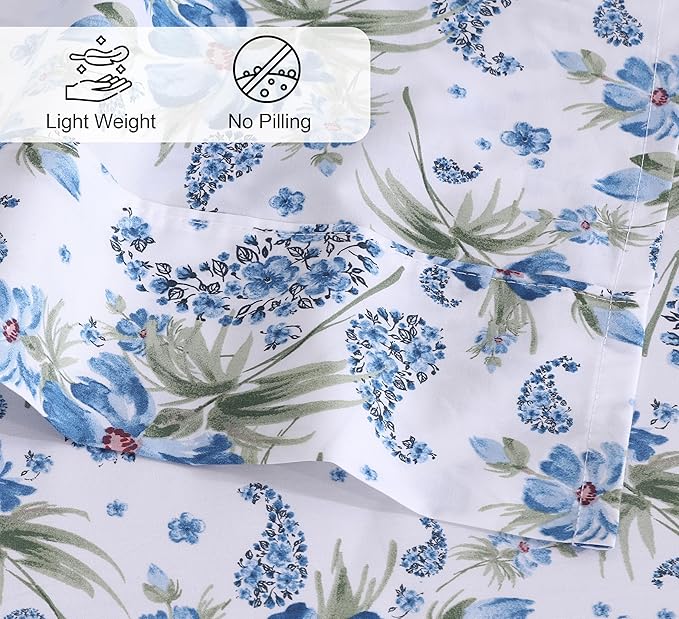 RUVANTI 100% Cotton Twin Sheets Set, 3 Pieces, Soft & Breathable Percale Weave Bedding, Deep Pocket 16", Hotel Standard, Crisp Cool Feel, Durable, Perfect Floral Bed Sheet, Paislyona
