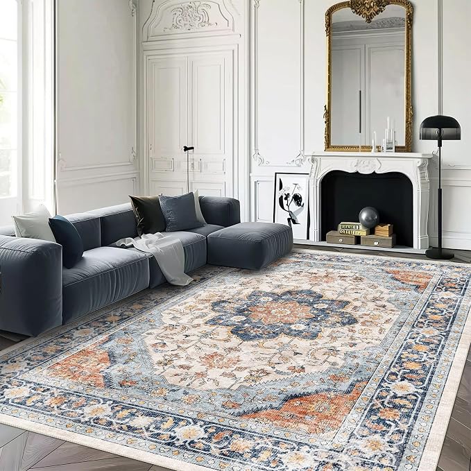 vivorug 6x9 Area Rugs, Ultra-Soft Washable Boho Rug for Living Room Dinner Room Bedroom, Non-Slip Vintage Floral Indoor Carpet Large Area Rug Orange/Navy