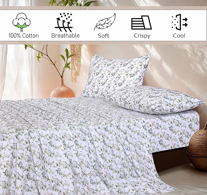 RUVANTI 100% Cotton California King Sheet Sets, 4 Pieces, Soft & Breathable Percale Weave Bedding, Deep Pocket 14", Hotel Standard, Crisp Cool Feel & Durable, Perfect Floral Sheets, Heritage