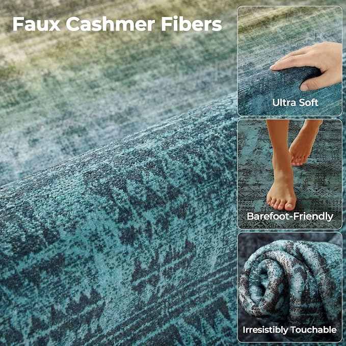 Kokia Abstract Teal Area Rug Living Room Washable 4x6 Non-Slip Stain Resistant Bohemian Rug Soft Indoor Vibrant Carpet for Bedroom Room Decor, Blue and Green