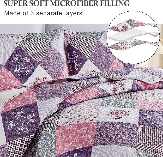 Dinjoy Purple Quilt Set Twin Size, Reversible Floral Plaid Patchwork Pattern Bedding Set Soft Microfiber Lightweight Bedspread 3 Piece Spring Summer Fall Use (68x86 inches)