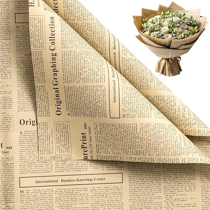 WRAPAHOLIC 20 Sheets Kraft Flower Wrapping Paper - 19.6 x 27.5 inch Retro Blue Lettering Floral Bouquet Wrapping, Florist Supplies Packaging Paper for Wedding Birthday Gift DIY