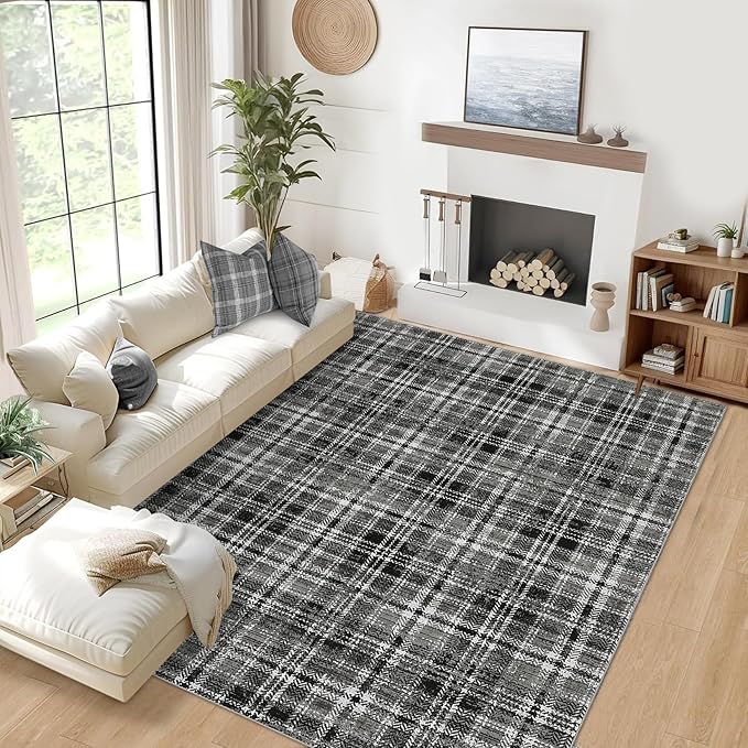 Washable Area Rug 6x9 Rugs for Living Room Soft Bedroom Rug Modern Plaid Black Rug Non Slip Throw Rugs Non Shedding Stain Resistant Carpet for Nursery Dining Room Office 6'x9' Black/Grey