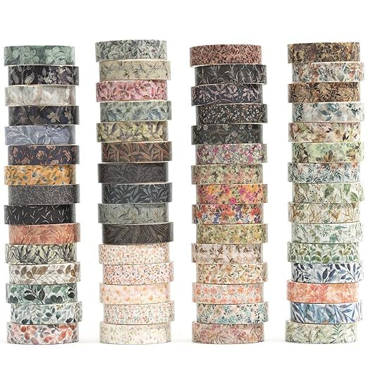 YUBX Flowers Washi Tape Set 60 Rolls Leaves Patterns Decorative Skinny Fall Masking Tapes for Arts, DIY Crafts, Journals, Planners, Scrapbook, Wrapping (Autumn)