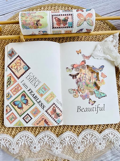 WT Stamped Wings Washi Tape Sticker Set – 3 Rolls Decorative Butterfly & Wing Washi Sticker Tape, Vintage Adhesive Tape for Journaling, Scrapbooking, Planner, DIY Crafts & Wrapping (40mm, 50mm, 60mm)