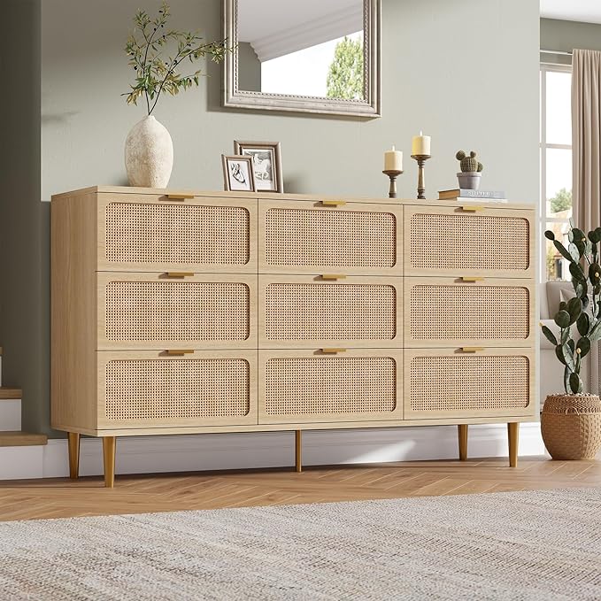 Garvee Rattan Dresser with 9 Drawers, Tall Modern Closet with Deep Storage, Large Chest of Drawers with Wide Top, Long Wooden Dresser for Bedroom, Living Room, Hallway, Kids Room, Natural