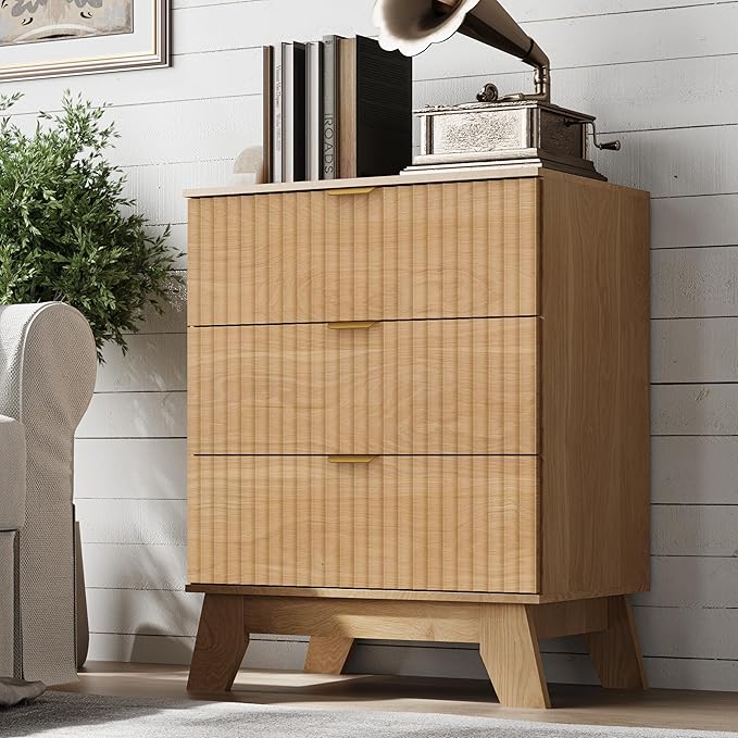 BORNOON Fluted 3 Drawer Dresser, 30.3" Tall Compact Modern Boho Chest of Drawers, Wooden Storage Cabinet for Bedroom, Living Room, Entryway, Curved Profile Design