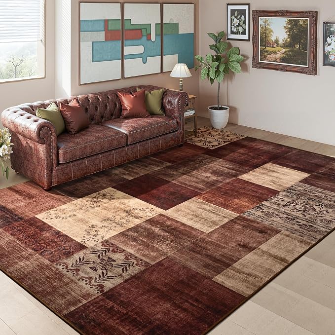 Tepook Modern Area Rug for Living Room, 5x7 Geometric Large Rugs for Bedroom, Washable Patchwork Rug Indoor Non-Slip Throw Carpets for Dining Room Office Farmhouse Home Decor, Red