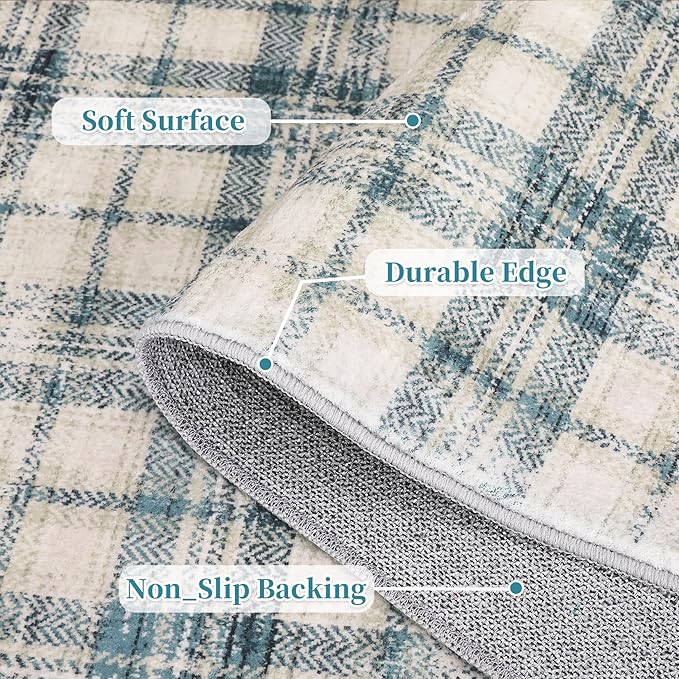 Washable Area Rugs 4x6 Rug for Living Room Modern Plaid Rugs for Bedroom Farmhouse Non Slip Entryway Rug Soft Nursery Rugs Stain Resistant Carpet for Entrance Dining Room 4'x6' Green/Beige