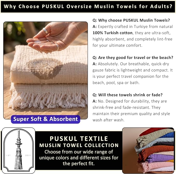 PÜSKÜL - Premium 2-Piece Oversized Muslin Bath Towel for Adult 35x70 Extra Large Bath Sheets | Natural 100% Turkish Cotton Soft Absorbent Quick-Dry Light Spa & Beach Towels (Pack of 2, Royal Blue)