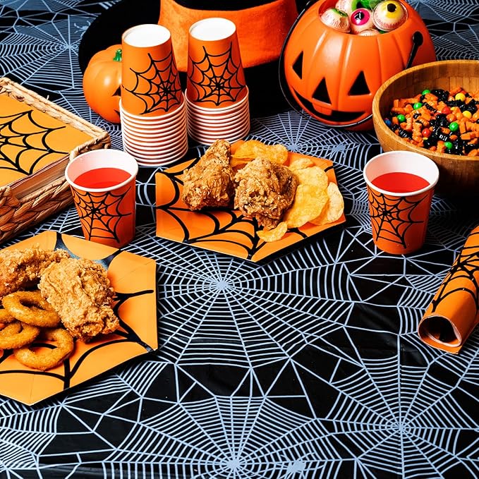 Halloween Tablecloth - 2-Pack Disposable Spider Web Plastic Table Covers, 54 x 108 Inches - Halloween Party Decorations