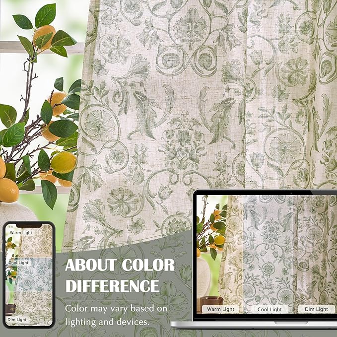 jinchan Linen Floral Curtains for Living Room with Printed Flower 96 Inches Long Light Filtering Farmhouse Window Treatment Vintage Drapes Back Tab Rod Pocket 2 Panels Green on Beige