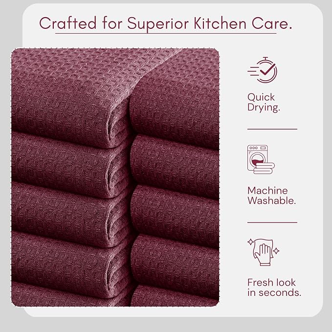 TWINY threads Dish Towel Waffle Weave, Set of 4, 16x26 Inch, Premium Large 100% Cotton Kitchen Linen Pack, Absorbent Cloths for Drying Dishes, Cookware, Quick Drying, Machine Washable, Burgundy Wine