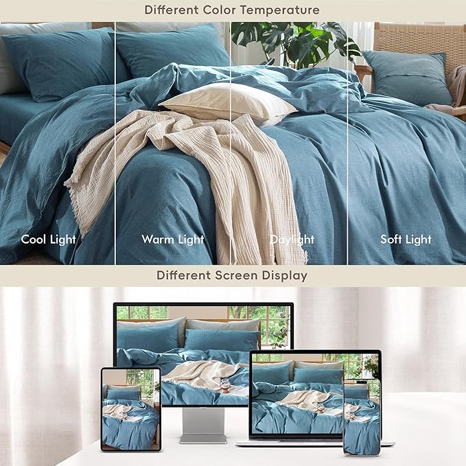 MooMee Bedding Duvet Cover Set 100% Washed Cotton Linen Like Textured Breathable Durable Soft Comfy (Heathered Peacock Blue, Super King 108"x98")