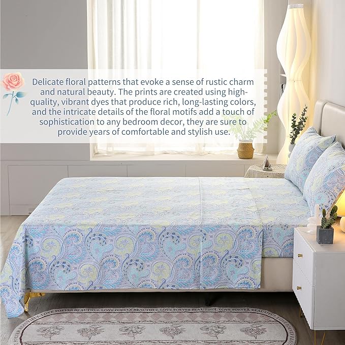RYNGHIPY Cotton Sheets Floral Print King Size Sheet Sets Flower Botanical Pattern Egyptian Cotton Bed Sheets Soft and Breathable Deep Pockets (Blue,King Size)