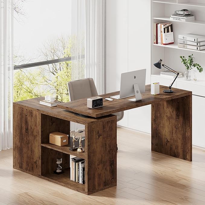 HSH Rustic L Desk with Storage Shelves, L Shaped Computer Desk with Open Storage Cabinet, Vintage Reversible Corner Home Office Desk for Living Room, Office, Rustic Brown 55 in