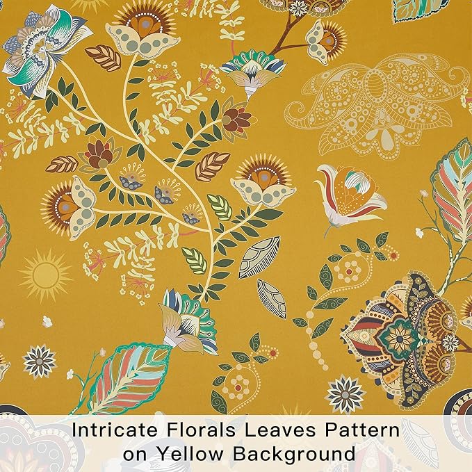 XiDi Mustard Yellow Blackout Curtains 96 Inches Long 2 Panels for Bedroom Vintage Floral Patterned Curtains Botanical Luxury Modern Living Room Dining Room Darkening Privacy Grommet Drapes 52x96 8ft