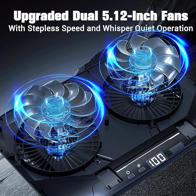 PZT Dual-Core TEC Laptop Cooling Pad with Dual Stepless-Quiet Fans, 5-Height Adjustable Laptop Cooling Stand, 10-Level RGB for 13-17 Inch Laptops, Includes 15W Charger, Smoky Black