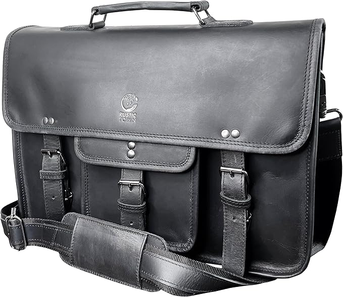 RUSTIC TOWN Leather Messenger Bag for Men - Full Grain Leather Briefcase Laptop Satchel Office Crossbody Travel Bag