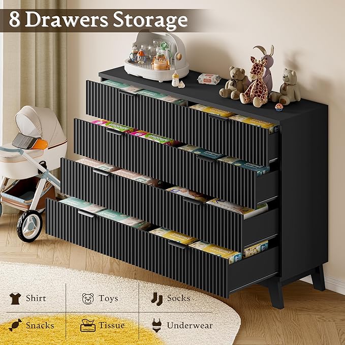 BORNOON 53" Tall Dresser for Bedroom, 8-Drawer Fluted Chest of Drawers, Modern Wood Highboy with Metal Slides and Handles, Anti-Tip Kit, Vertical Clothes Storage Organizer for Apartment, Closet