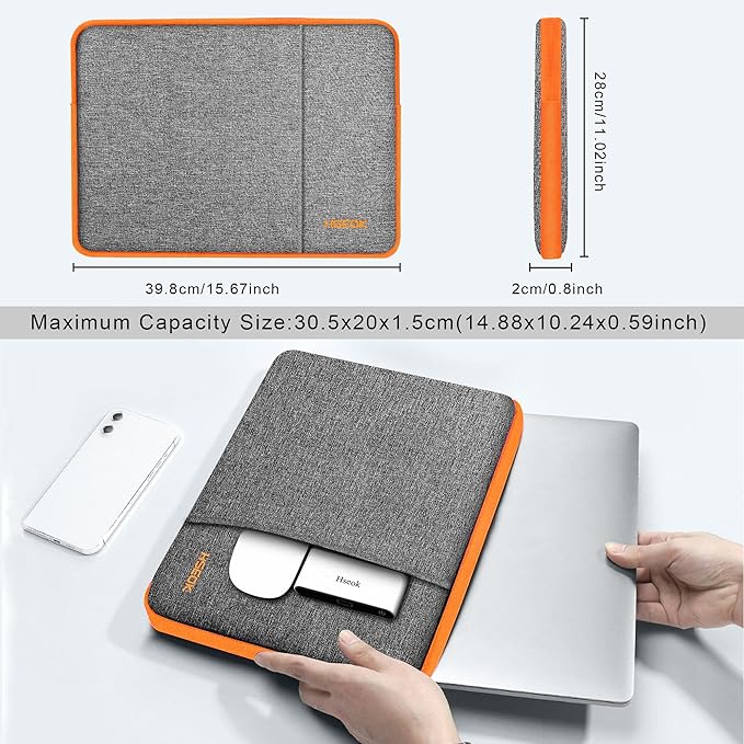 Hseok Laptop Case 15.6 Inch Sleeve, Shockproof Protective Water Repellent with Accessory Pocket,Compatible with Mac Pro 16 inch 2025-2019, Sleeve Bag for Most 15 15.6 16 Notebooks,Gray&Orange